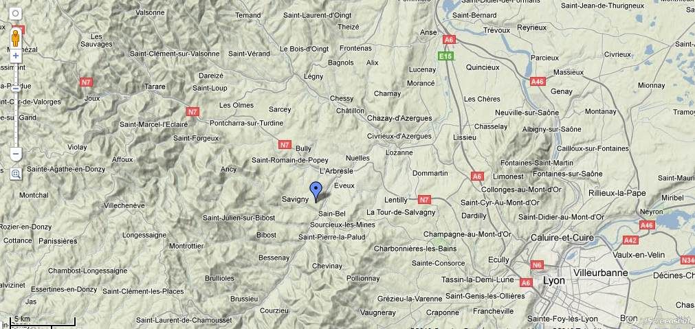 Position de la station entre Lyon et Tarare sur une carte Google Map avec visualisation du relief